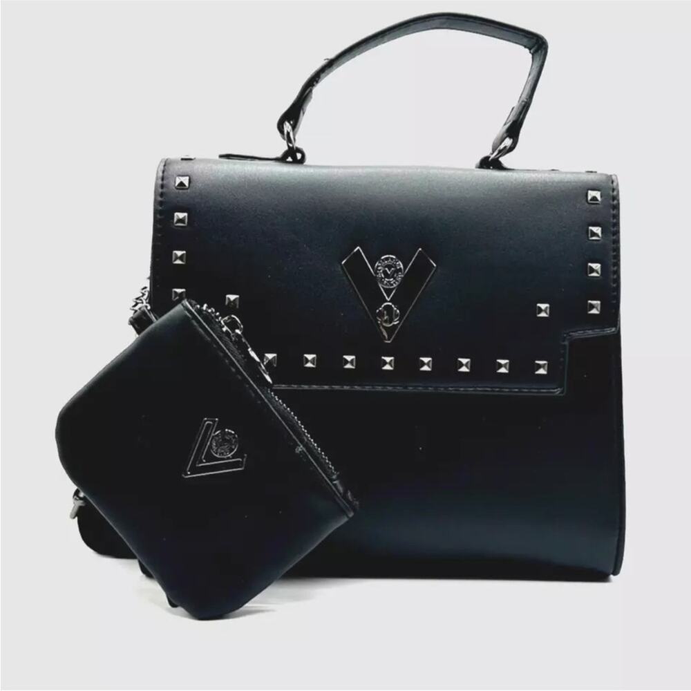 NEW ORLANDI VALENTINO Black Gunmetal Silver Stud Studded Crossbody Bag Purse - Picture 14 of 15